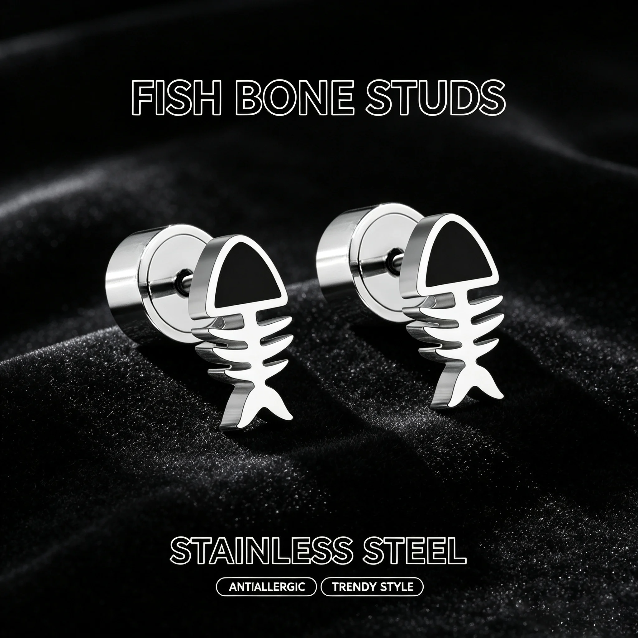 Fish Bone Stud Earrings Stainless Steel Anti-allergy Press Back Cartilage Earring Fashion Punk Ear Jewelry for Men Women