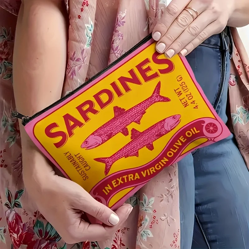 Bolsa de cosméticos de sardinas retro, diseño de aceite de oliva virgen extra amarillo vibrante y rosa, 1 ud.