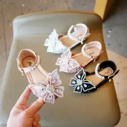 2023 Summer New Casual Children Pearl Sandals Kids Girls Beaded Bow Princess Flats Student Non-slip Baby Flip-flops Beach Shoes