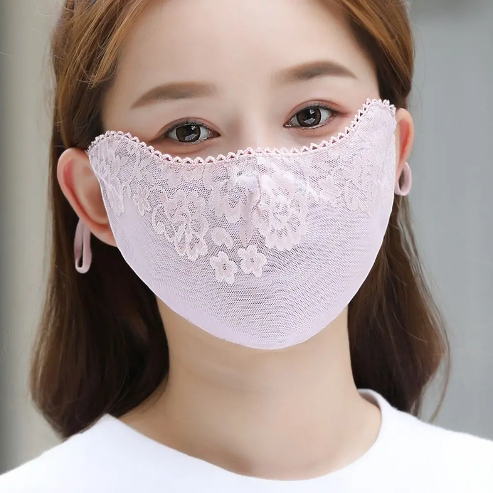 

Thin Solid Color Sunscreen Lace Mask Hanging Ear Sunshade Sunscreen Face Cover Adjustable Strap Flower UV Protection Mask Women