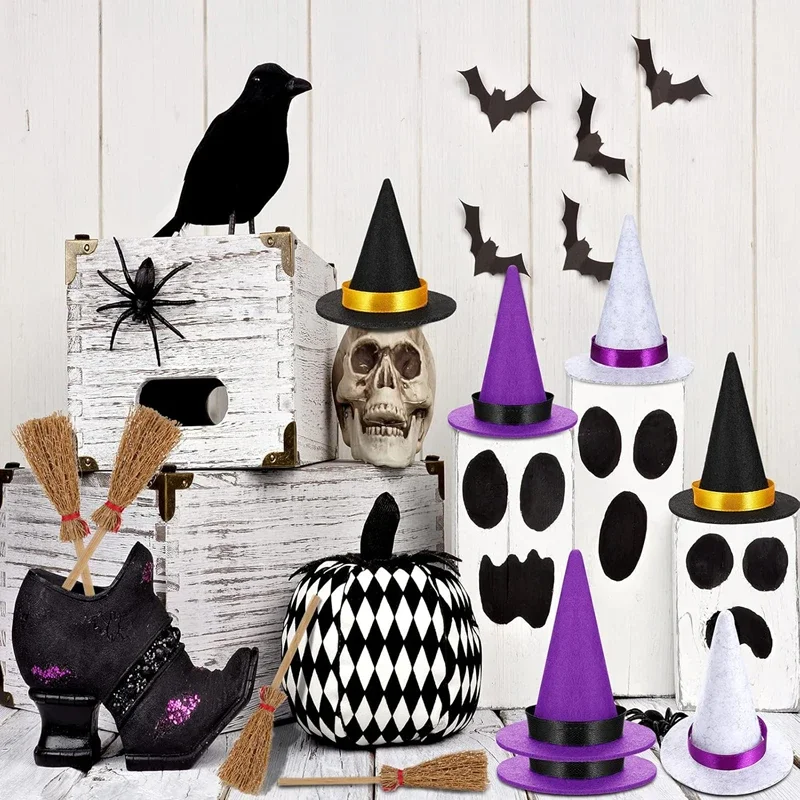 10PCS Mini Felt Witch Hats and Mini Witch Broom Halloween Decorations Wine Bottle Topper DIY Crafts Cosplay Party Supplies
