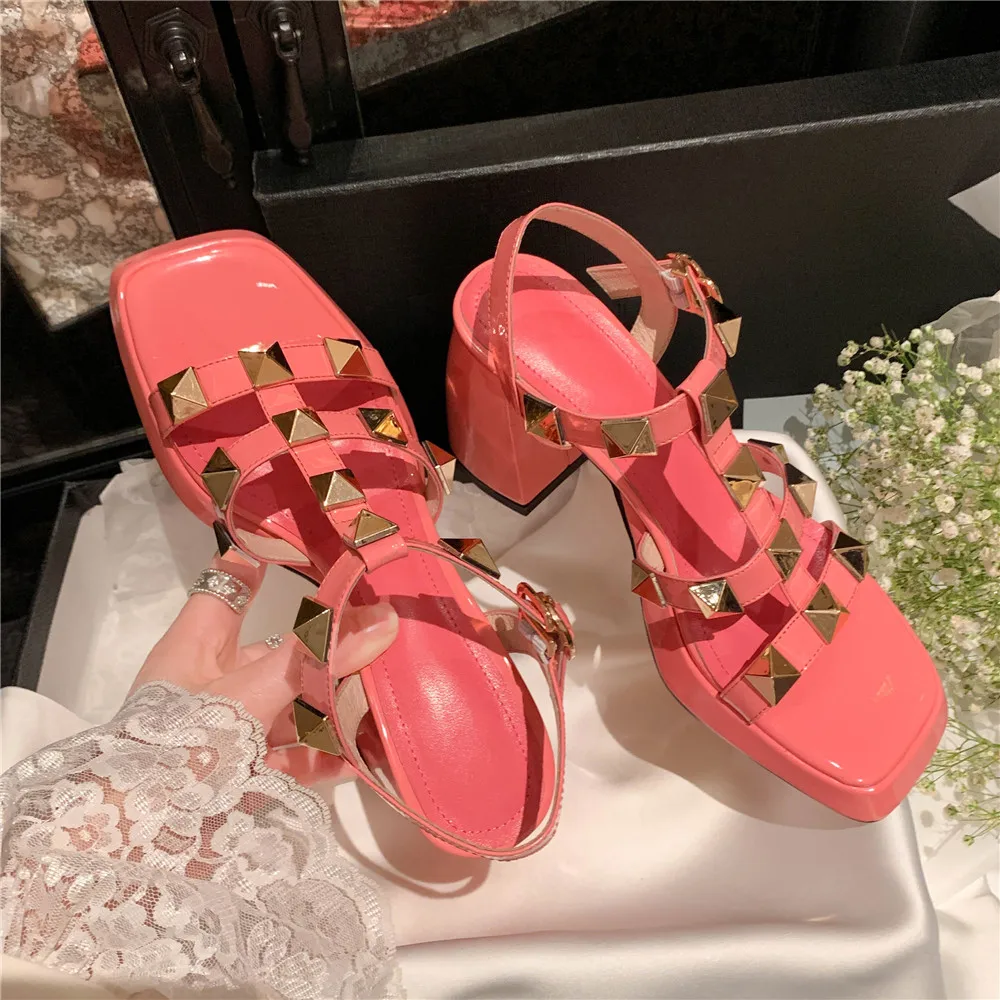 MILI-MIYA Classic Rivet Design Women Sheep Skin Sandals Super High Thick Heels Buckle Strap Square Toe Solid Color Summer Shoes