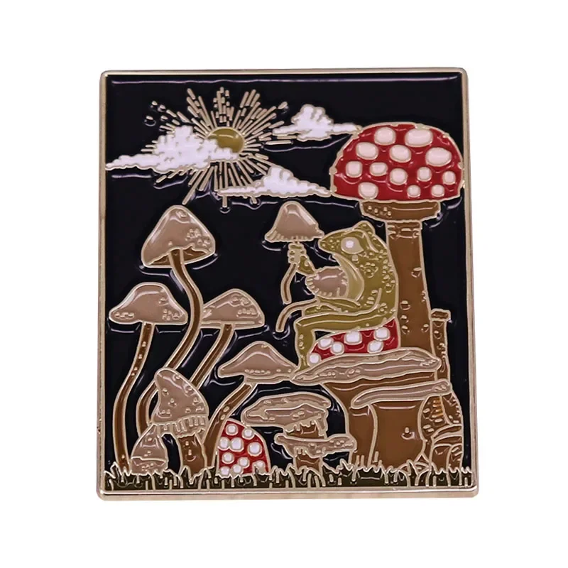 Cartoon Frog With Mushroom Brooch Red Mushroom Retro Metal Badge Woodland Forest Natural Gift