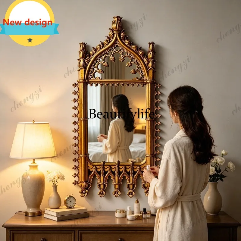 Gothic retro gilt carved wall mirror court makeup mirror bedroom porch decorative dressing mirror