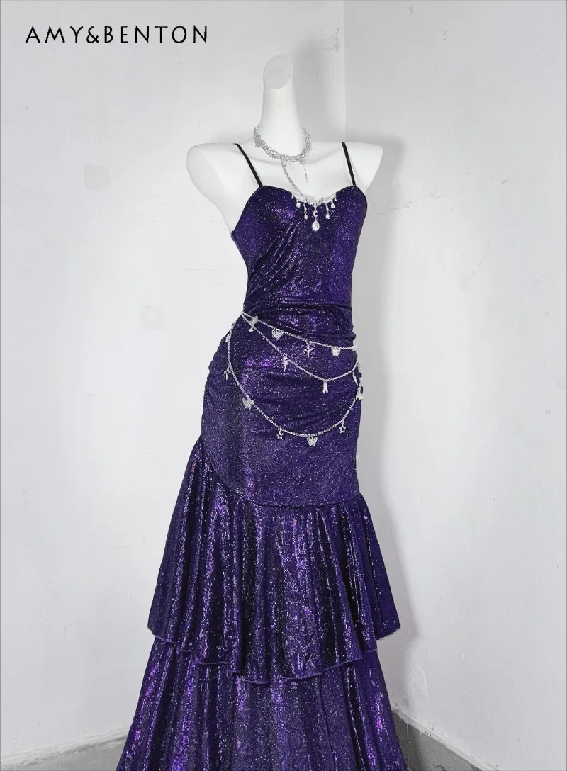 

Elegant Temperament Princess Dress High End Sparkle Sequin Trailing Evening Dresses Sweet High Waist Slim Sling Long Dress