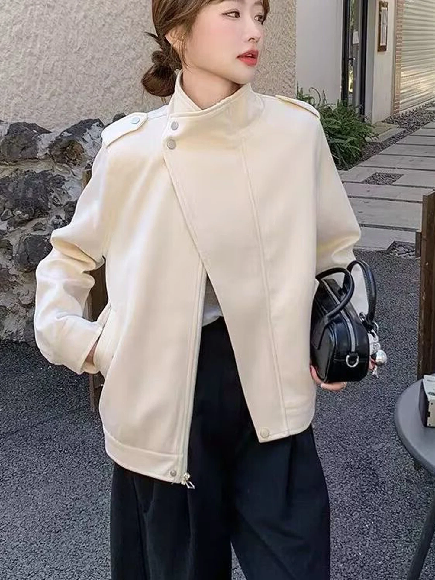 Elegant Simple Stand Collar Suede Jacket Women's Fashion Casual Motorcycle Style Top Korean Style Loose Fit Long Sleeve