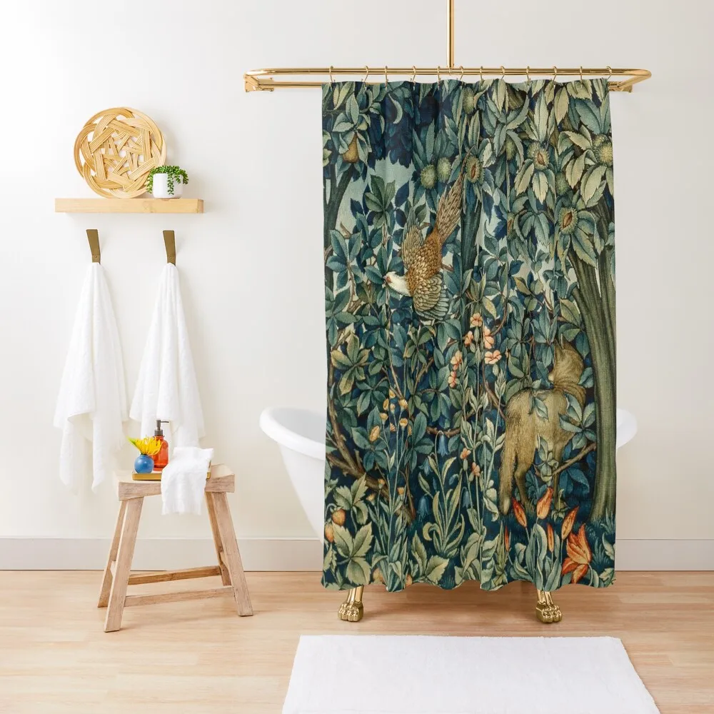 

GREENERY, FOREST ANIMALS Pheasant and Fox Blue Green Floral Tapestry Shower Curtain Shower Waterproof Curtain