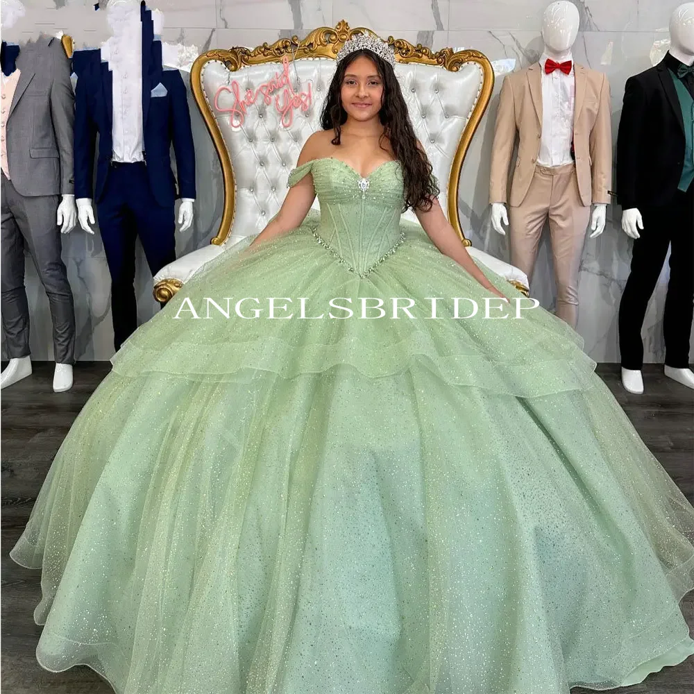 Angelsbridep مخصص بريق الكرة ثوب الحلو 15 سنة فساتين Quinceanera مع القوس حكيم الأخضر فستان حفلة رسمية للنساء