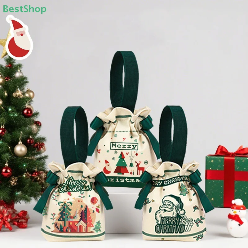 🍄 حقيبة قماش حلوى عيد الميلاد، حقيبة يد برباط من أبل لحفلات عشية عيد الميلاد