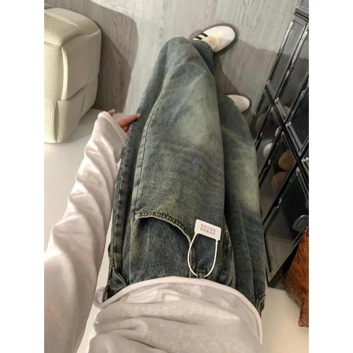 

Прямые джинсовые джинсы с высокой талией в американском стиле ретро, женские свободные утягивающие широкие брюки длиной до пола, повседневная одежда, лето