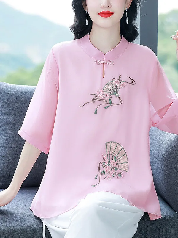 Retro Improved Hanfu Embroidered Tea Ceremony Shirt Stand Collar Women's Style Summer 2026 Casual Other Material 100% H-Shape