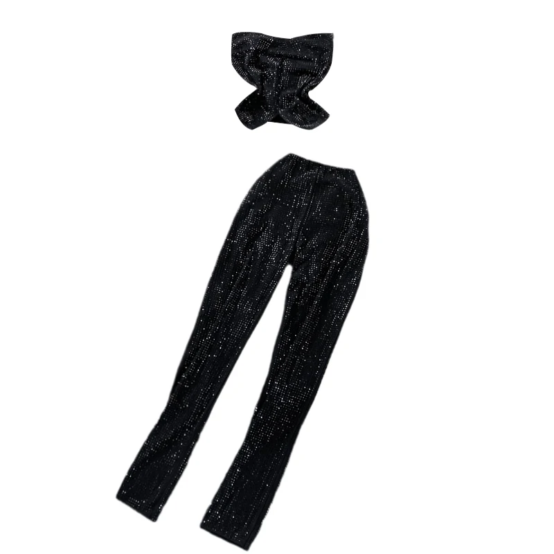 Conjunto de duas peças com top curto sexy e calça skinny elástica de cintura alta com franjas para mulheres, roupa de verão d...