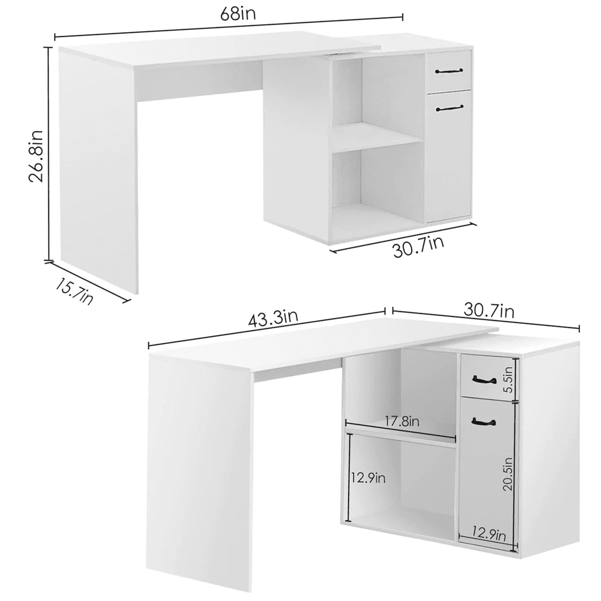 Biurko 43,3 cala, solidne biurko narożne w kształcie litery L z szufladami, odpowiednie do domowego biura i sypialni, elegancja biała