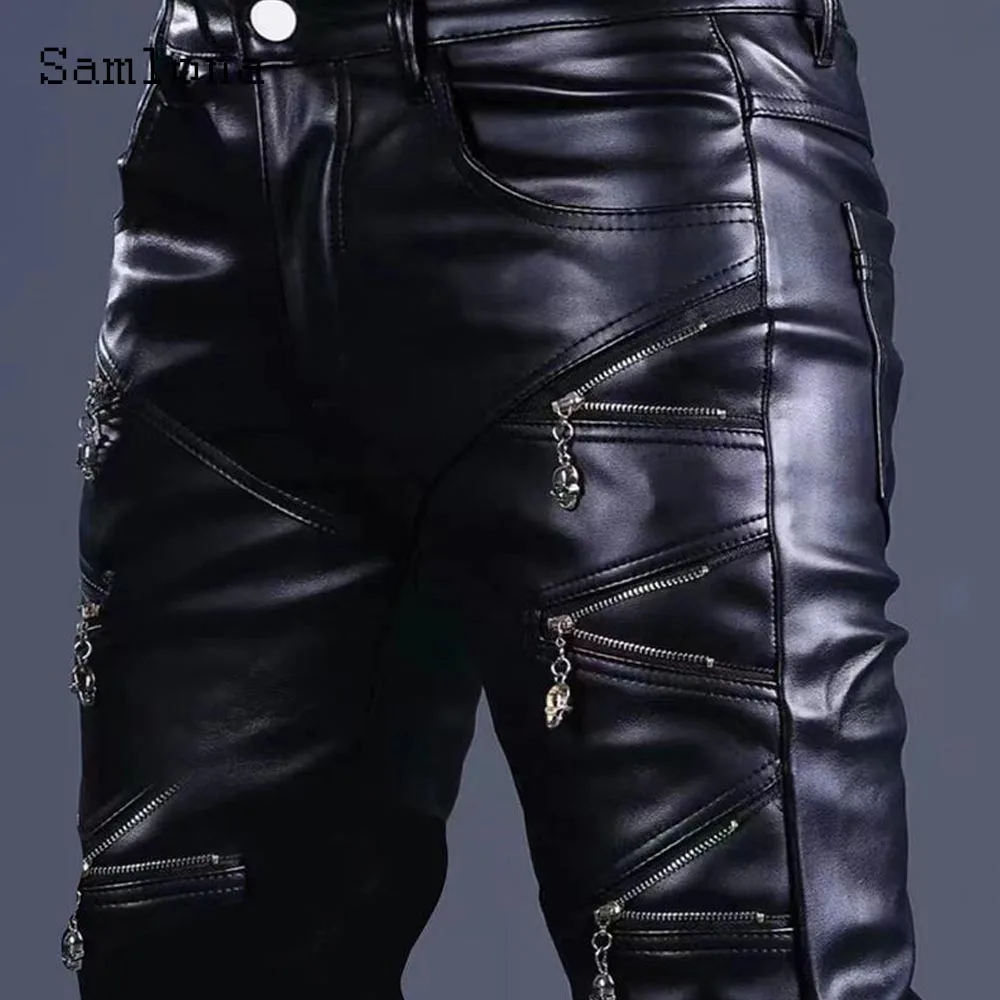 2025 Rock Style PU Leather Pants Sexy Night Club Dance Pants Men Fashion Multi-Zipper Faux Leather Slim Motorcycle Trouser New