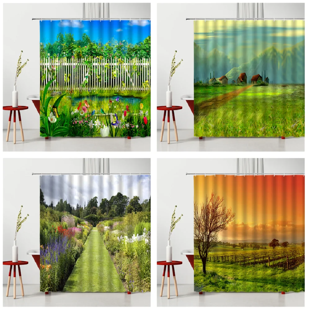 Green Plant Shower Curtain Flower Rural Scenery Waterproof Polyester Fabric Bathroom Accessories Home Decor Bath Curtain Cortina