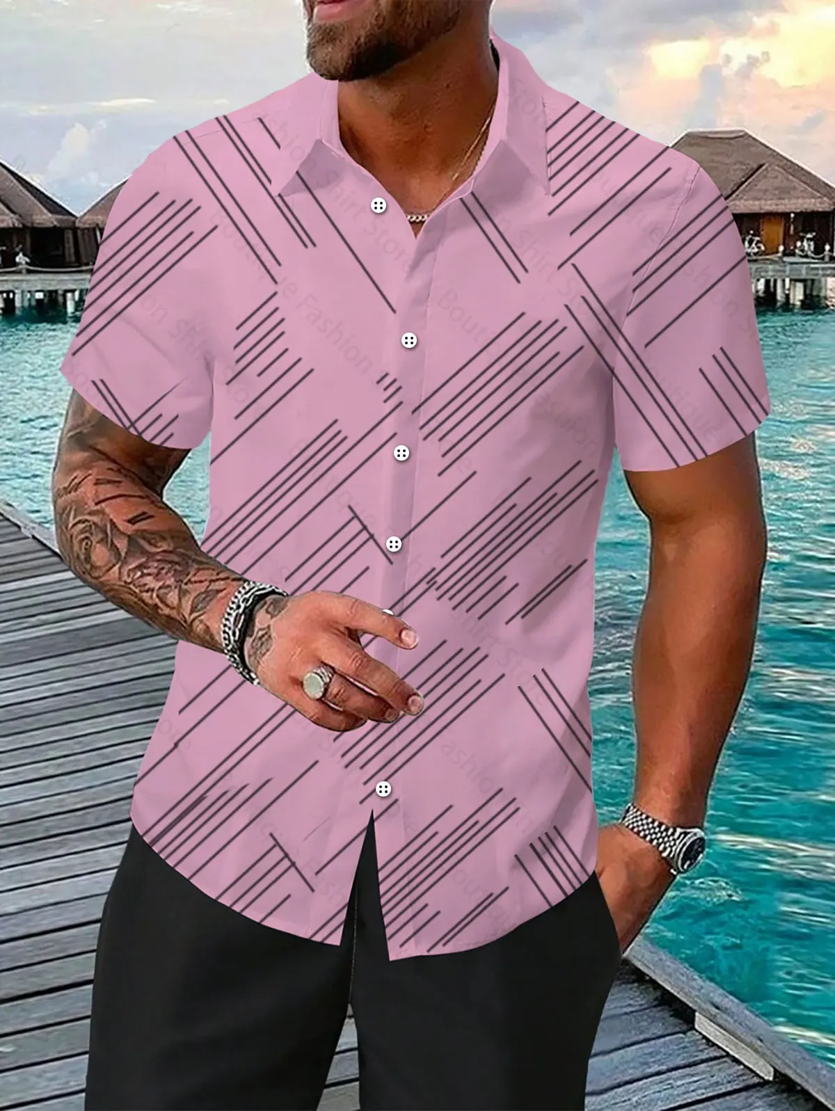 2024 Men\'s striped print short-sleeved lapel button Shirts street casual Hawaiian shirt large size XS-6XL fast delivery