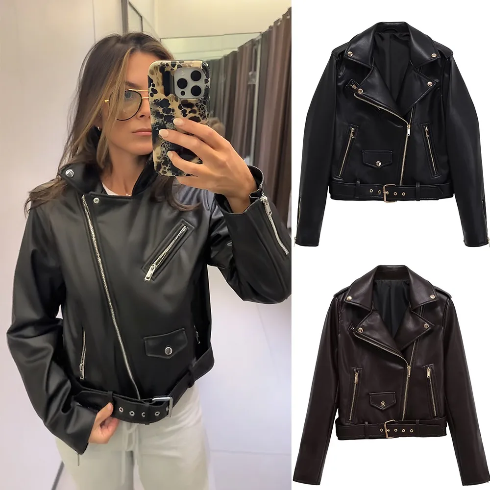 

Black Asymmetric Zip Leather Jackets Woman New in Trend Winter Coat Female Y2K Vintage Bomber Long Sleeve Top Outerwears