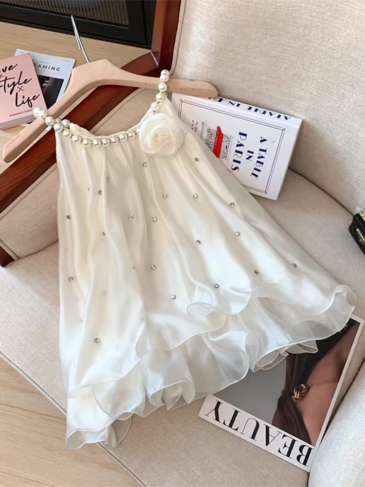 

Charming Summer White Lace Shirt Women's Sleeveless Neck Hanging Drill Beautiful Top Elegant Lady Commute Style Loose Fit Shirt