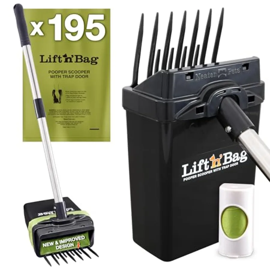 

Совок для уборки за собаками Lift N Bag 2.0 с креплением для пакетов, 22-дюймовая ручка для собак малых и крупных пород, новый улучшенный дизайн, 195 сменных пакетов, усиленный.