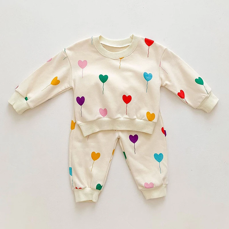 Infant Kids Baby Boys Girls Long Sleeve Love Heart Print Tops + Pants Clothing Sets Baby Girl Boy Children's Clothes Suit image 3