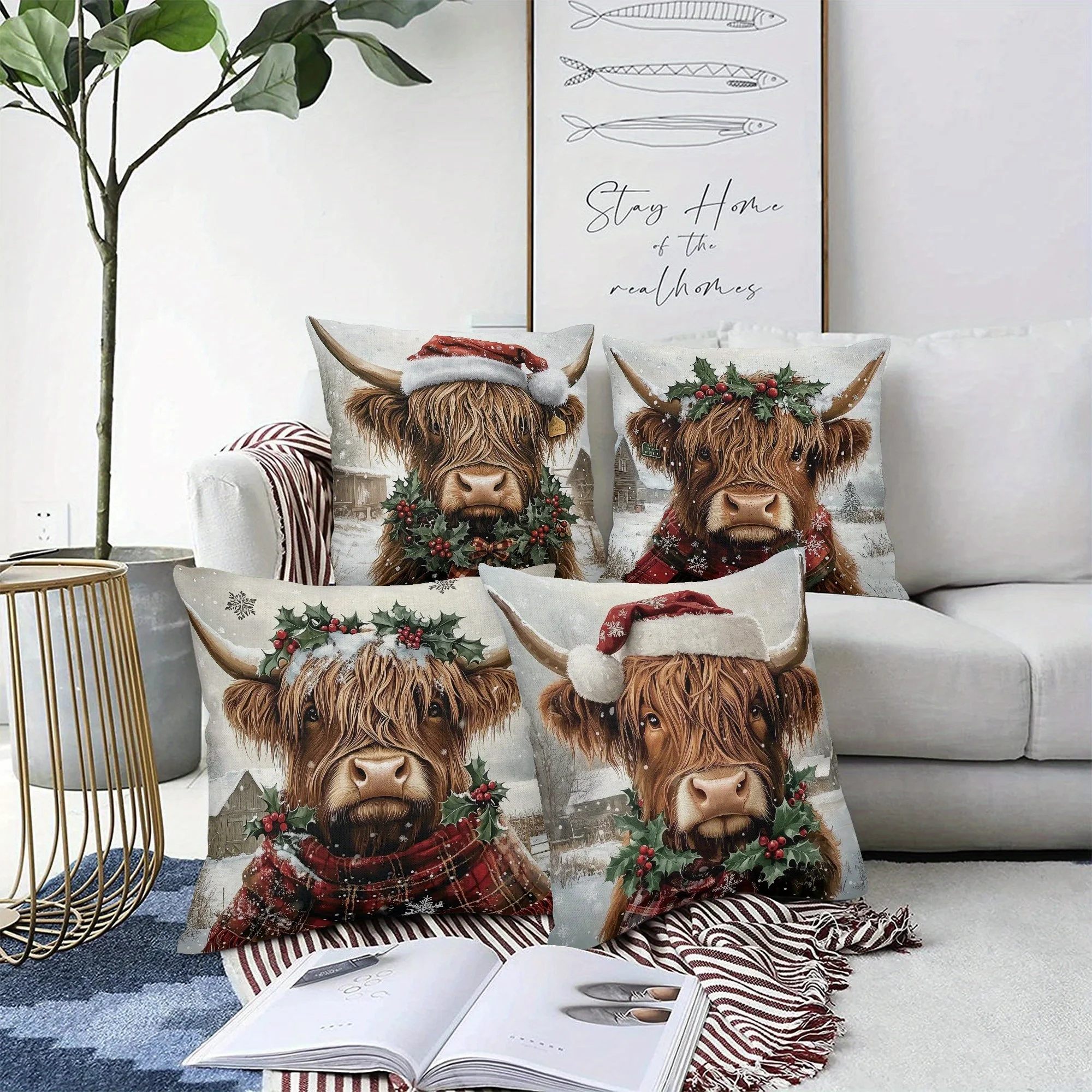1pc Christmas Highland Cow Pillow Cover: Festive Cow with Santa Hat & Holly Design, Perfect Gift for Xmas Home Decor