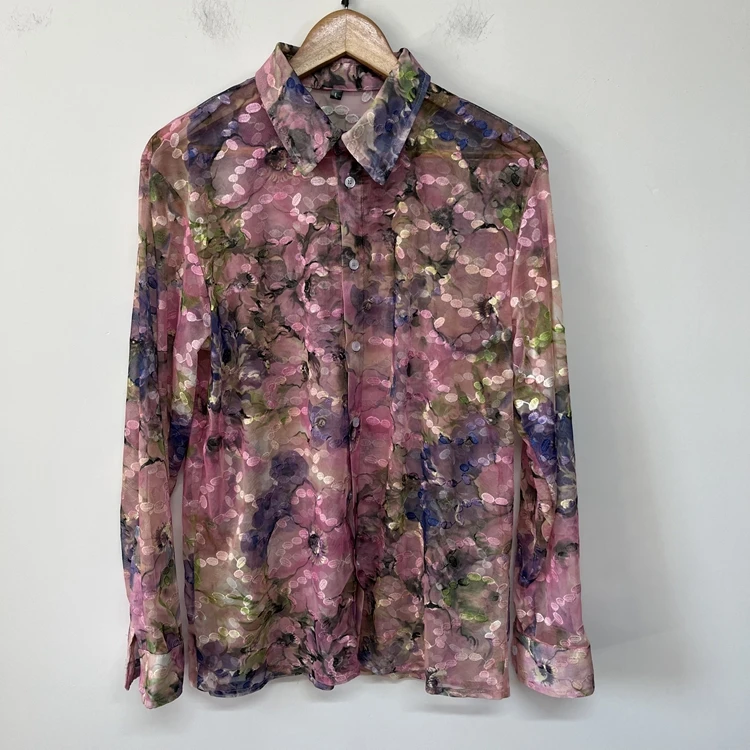 Men's 2025 Four Seasons Wear New Retro Colorful Shirts Embroidered Perspective Mesh Gauze Trendy Tops Niche Original Men's Shirt