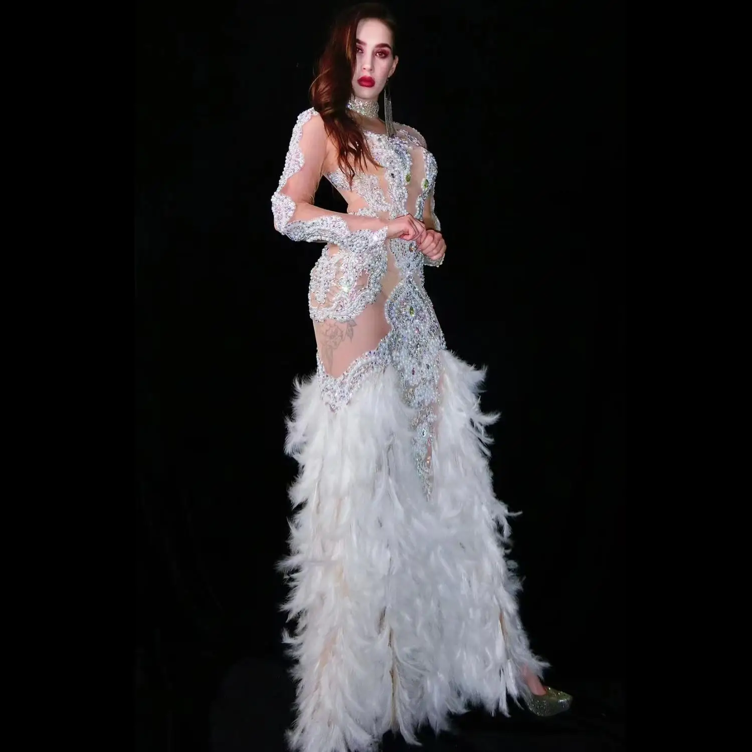 White Rhinestone Pearl Feather High Split Dresses Long Dress Prom Birthday Party Dress Women Stage Performance Clothes Baizhubao