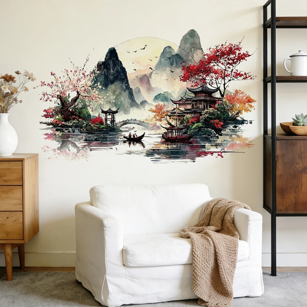 Large Chinese Ink Wash Sunrise Landscape Wall Mural Ancient Pavilion Maple Tree Vinyl Stickers Aesthetic Room Home Decor Art