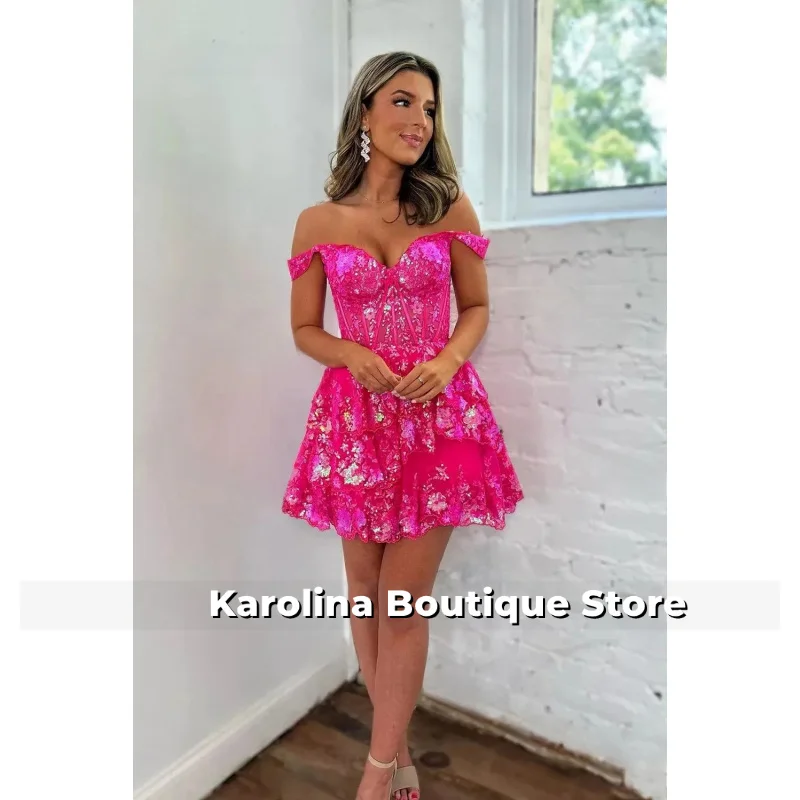 

Sparkly Corset Tiered Lace A-Line Short Prom Gowns Off Shoulder Sweetheart Mini Homecoming Dress Youth Women's Graduation Dress