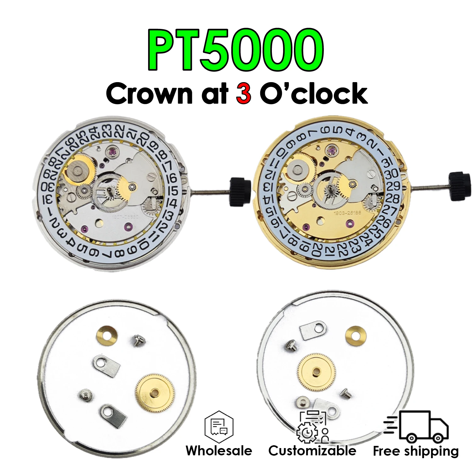 Movimento PT5000 Parti dell'orologio automatico Visualizzazione della data alle 3 25 gioielli Colore oro Rotore antiurto Accessorio inciso Commercio all'ingrosso