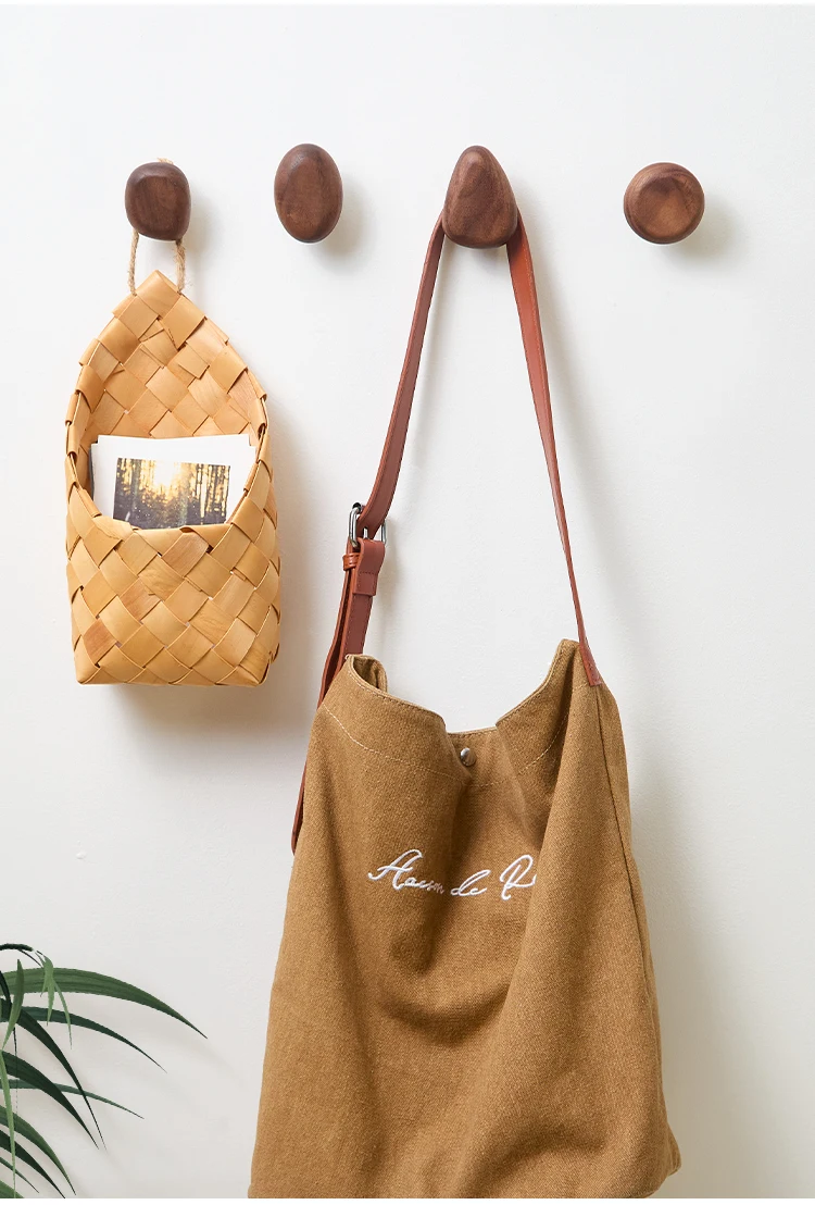 Scandinavian Solid Wood Handle Clothes Hook Coat Hook Wall-mounted Hook Punch-free Door Clothes Hanger Pebble Shape Cabinet Door