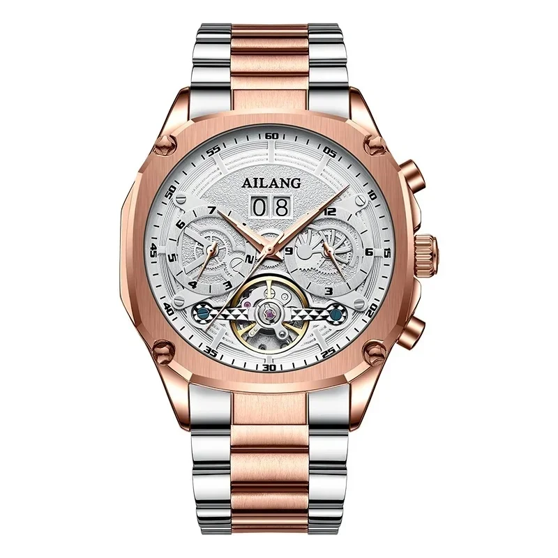 AILANG 8308B Men’s Flywheel Automatic Mechanical Watch, Skeleton Design, Calendar, 3ATM Water Resistant, Sports Wristwatch, High