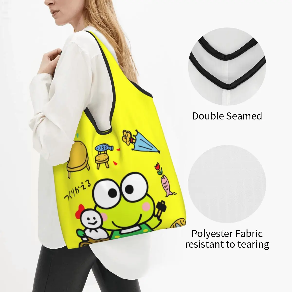 Custom Cute Print Keroppi Cartoon Shopping Tote Bag Portable Shopper Shoulder Handbag