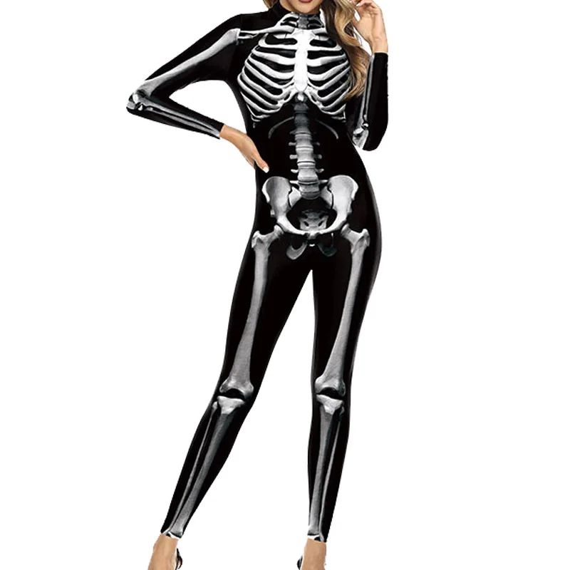 

Боди с принтом костей, сценический комбинезон с длинными брюками на Хэллоуин, тонкая полиэфирная ткань, женский модный облегающий костюм со средней талией