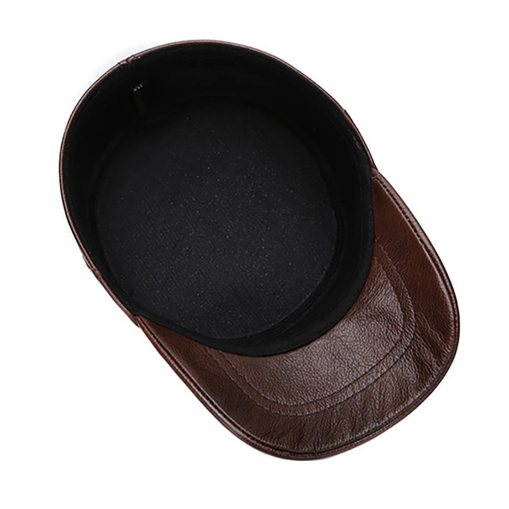 New Real Cow Leather Flat Cap Earflap Cap Men Real Leather Hats Fall Winter male 100% Genuine Real Cowhide Leather Military Caps