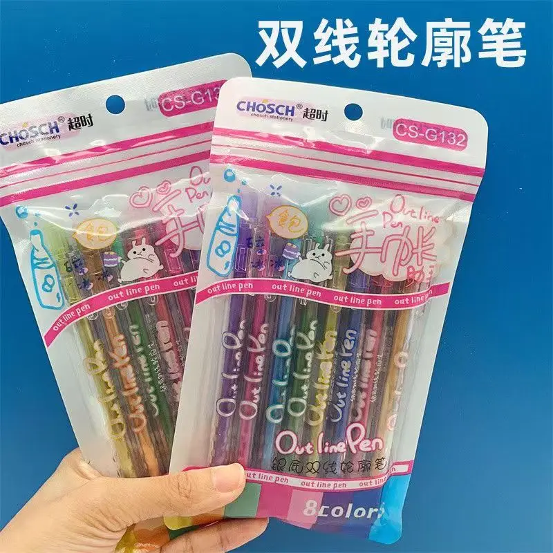 8 Color Christmas Pen Glitter Highlighter Gel Pens Double Line Outline Art Pen Marker Pens Bullet Diary Poster Card DIY Writing