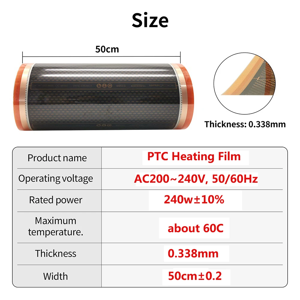 MINCO HEAT 신상 그래핀 PTC 가열 필름, 적외선 AC200 ~ 240V, 약 60C 따뜻한 바닥 난방 매트, 240w/m2