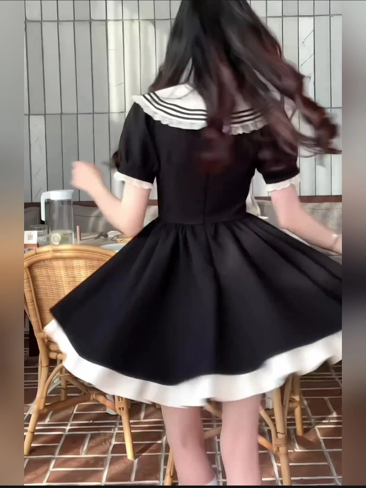 حجم كبير L-4XL كلية سوداء أنيقة البحرية طوق فستان قصير الأكمام الصيف الحلو فتاة الدانتيل عالية الخصر فساتين الحد من العمر #4