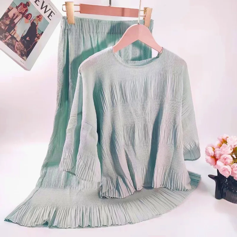 

Miyake плиссированный женский новый топ, простая полуюбка, комплект, нежная модная тонкая простая повседневная одежда без железа, офисная одежда