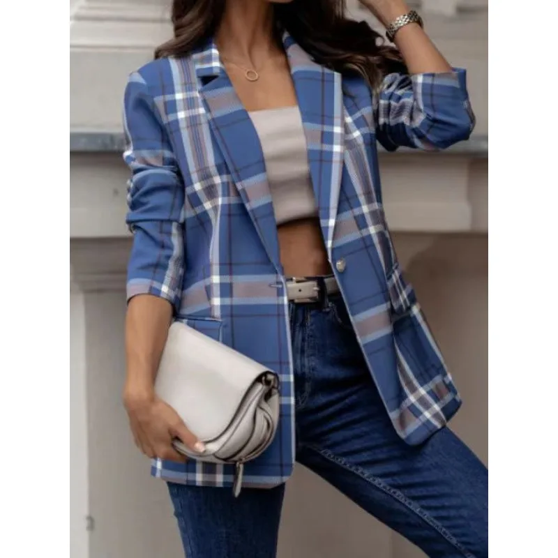 

S-XXL Women's Fashionable One Button Lapel Casual Plaid Printed Long Sleeved Suit Jacket