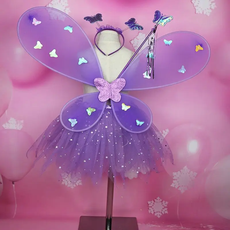 Fairy Angel Wing Insect Theme Costume for Kids Girls Flash Light Up Glitter Butterfly Wing Tutus Dress Wand Headband Set