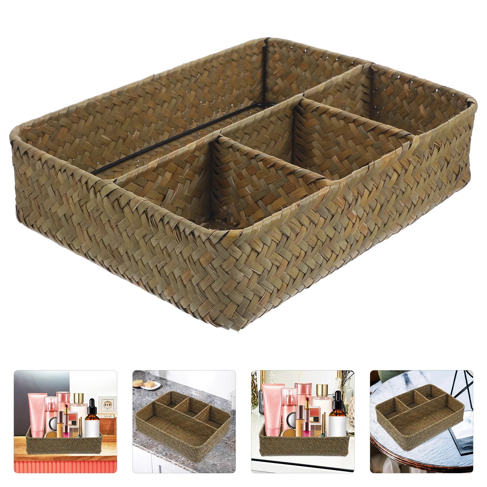 

Tea Bag Sugar Packet Holder Coffee Station Organizer Woven Bulrush Basket Rustic Compartment Storage Box Desktop Coffee Tea