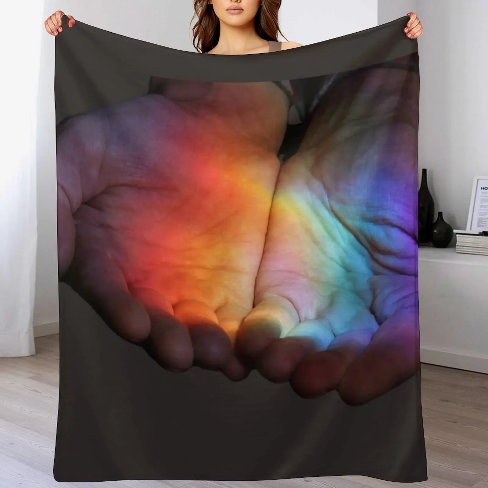 Hands Holding Rainbow Throw Blanket Foldable Soft Warm Blanket for Outdoor Use