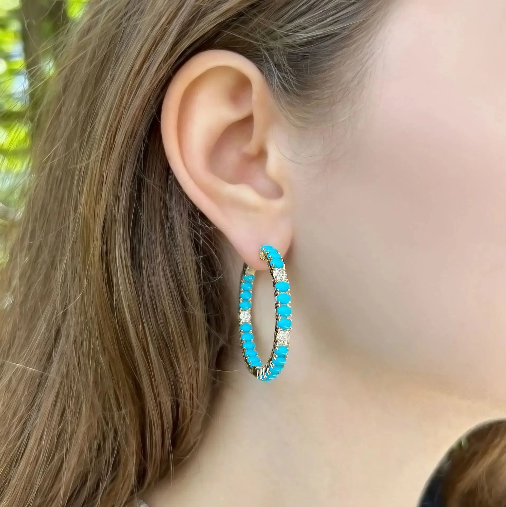 

50mm Big Oval Shaped Turquises Stone Huggie Hoop Earring For Women Fashion Trendy High Quality Jewelry