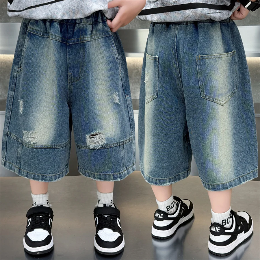 Loose Style Kids Summer Boy Wide Baggy Denim Shorts With Holes Children Casual Capris Pants Baby Solid Blue Ripped Jeans Shorts