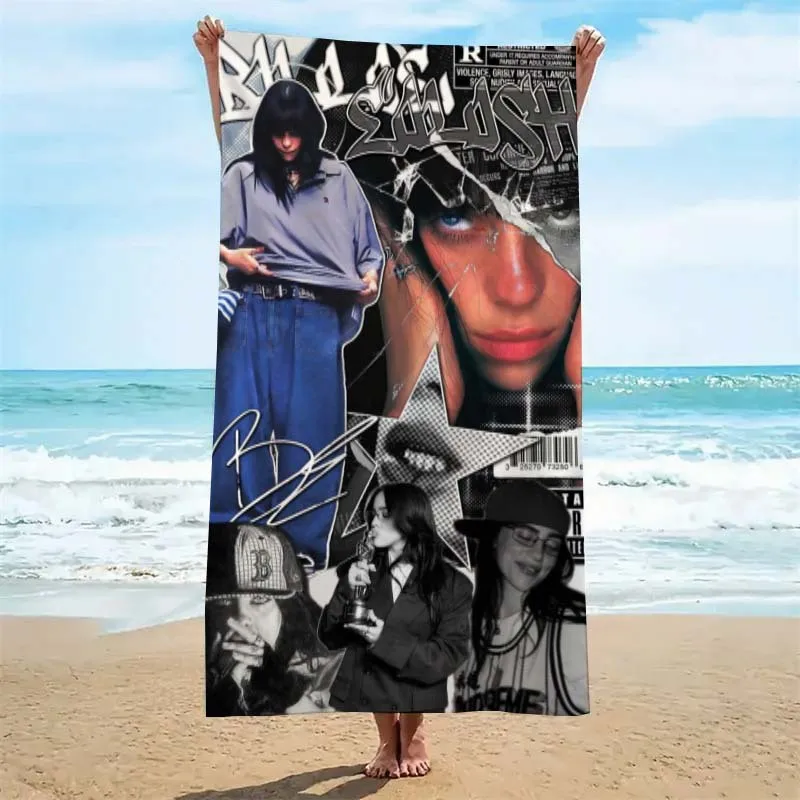 1pc Billie Eilish Collage Beach Towel, Quick Dry Lightweight Polyester Towel, Soft Absorbent Fan Merch for Swimming Travel, Cool