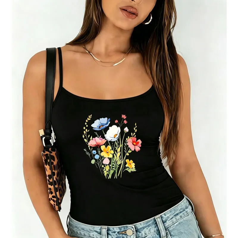 Women Watercolor Wildflower Bouquet Butterfly Print Cami Tank Top Vintage Floral Graphic Basic Vest Summer Casual Daily Tops