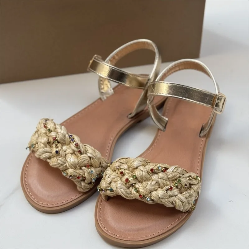 

Unique Braided Design Women Casual Flat Sandals Colorful Rhinestones Buckle Strap Footwear 2025 Summer Beach Shoes for Female