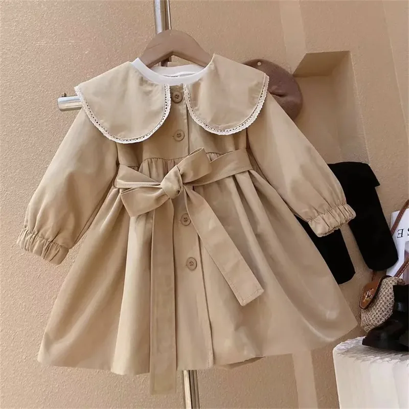 Girls Lapel Windbreaker Children Solid Color Long-Sleeved Coat Spring Autumn New Baby Cute Fashion Casual Jacket 2-8 Years Old