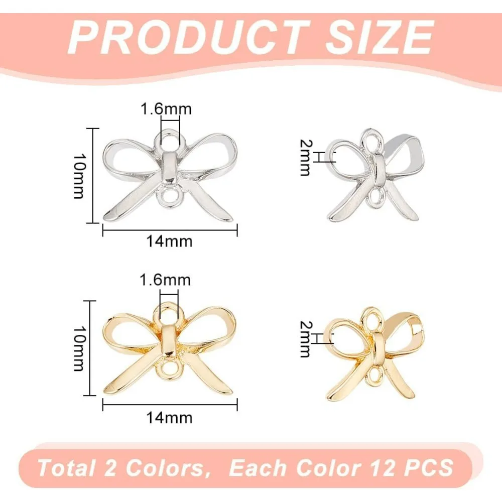 24 pçs conector de arco encantos 2 cores latão bowknot encantos conector de metal pingentes encantos com 2 furos para colar pulseira